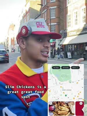 A man wearing a hat and colorful jacket is talking to the camera on a city street. A map and food image are visible on the right.