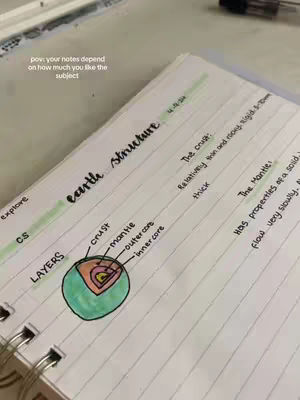 An open notebook page with handwritten notes on Earth's structure. The notes are in black ink, with some headers highlighted in green. A diagram of the Earth's layers is drawn in the center. The background is light, with the top of a pen visible.