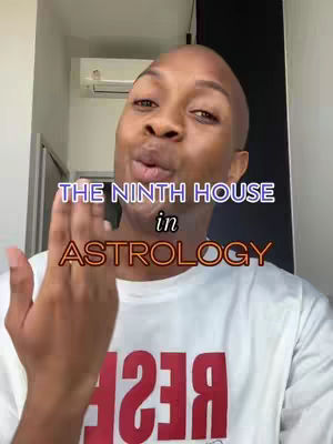 The cover image features a medium shot of a bald Black man, centered and looking towards the camera with a slightly open mouth as if he's speaking. He's wearing a white t-shirt with the word "REST" in a large, red, mirrored font. Overlaid on the image are text elements: "THE NINTH HOUSE" stacked above "in" and "ASTROLOGY", all in a layered color palette.