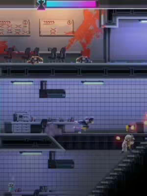 A screenshot from the video game Katana Zero. The scene presents a pixelated world with several levels. The environment has a blue and white color scheme with a red splash. At the top is a colored banner and in the bottom-right corner, a character on the stairs. 