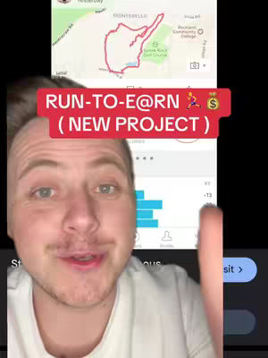 The cover image shows a man in a white t-shirt, positioned in front of a smartphone interface and a map screen. The map screen visually displays a running route that has been mapped and highlights features of the environment. A red rectangular bar with white text overlays at the top, reading “RUN-TO-E@RN (NEW PROJECT)”. The man is making a surprised face.