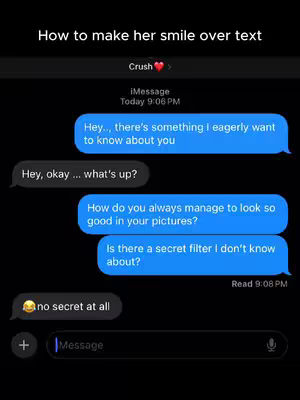 The cover image shows a screenshot of a text message conversation on a smartphone. The background is black. In the center, there is a series of blue message bubbles from one contact, and grey message bubbles from another. At the top left, there is white text that reads "How to make her smile over text". Below that, it says "Crush" followed by a heart symbol and a right arrow. The overall composition is arranged to resemble a chat interface.
