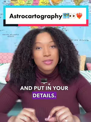 A woman with curly hair in a burgundy top is centered in front of a map-themed background. The top portion has a white banner with the words "Astrocartography" followed by some emojis. Below the banner, overlaid text reads, "AND PUT IN YOUR DETAILS."