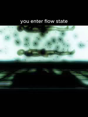 An image with a dark background, featuring two figures lying in a light blue and green glowing environment. The figures appear semi-transparent and are positioned in the foreground with a grid-like structure at the bottom. Text overlayed at the top says 'you enter flow state'.