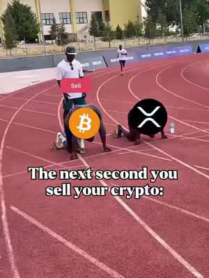 The image shows a meme on a track field. There are three figures. One person holding a sign that says 'Sell', another is on their hands and knees with a Bitcoin logo for its head. The third is crawling like the others, but has a black circle with an 'X' as a logo on its head. An additional runner is running in the background. Text overlay 'The next second you sell your crypto:'