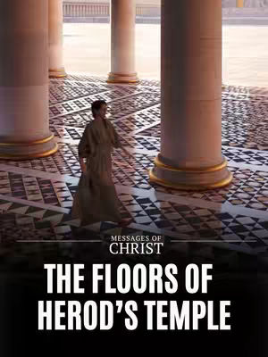 The image is a rendered scene depicting an interior space that appears to be a temple or grand hall. The perspective is from a slight angle, looking down a long hallway or corridor defined by large, cylindrical columns. The columns have a warm, beige color and are topped with decorative golden bases. The floor is covered in a detailed mosaic tile pattern in a combination of beige and black/dark gray geometric shapes. In the mid-ground, a figure is walking away from the viewer, dressed in a long, flowing garment. The lighting is soft, creating shadows and highlights on the columns and the figure. At the top of the frame, there is a visible sky or ceiling element, indicating this space is open. The image has an ethereal and historical feel. At the bottom of the scene, text provides a title.