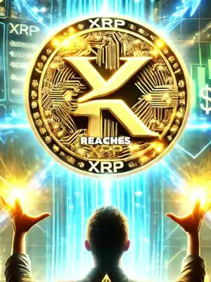 The cover image features a man seen from the back with his arms raised, with golden hands reaching up towards a large, glowing gold XRP coin. The coin is the central element, radiating light and set against a teal background with graphic lines. Text on the coin reads 'XRP'.