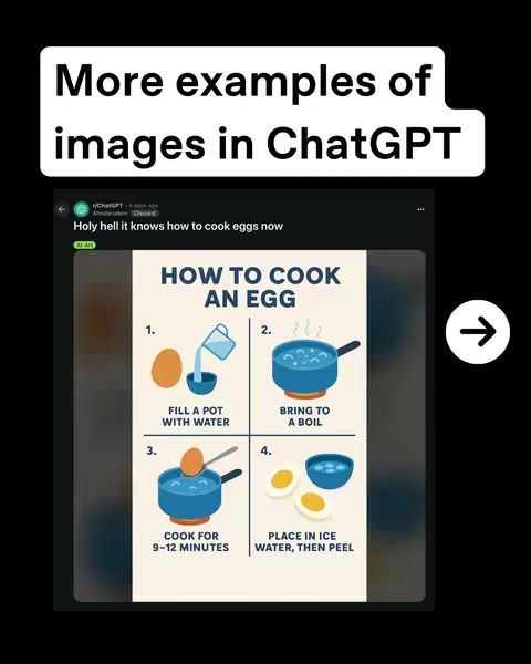The cover image shows a screenshot on a black background containing text and several images that illustrate a step-by-step guide on how to cook an egg. The text overlay at the top provides context by stating 'More examples of images in ChatGPT'. An arrow graphic points to the right.