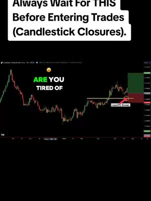 The cover image is a vertical graphic against a black background. At the top, white text announces, 'Always Wait For THIS Before Entering Trades (Candlestick Closures)'. Below, the image shows a candlestick chart with red and green bars on a dark background. The words 'ARE YOU TIRED OF' in green are superimposed onto it. There is a yellow smiley face above it. The chart shows a trend with upward and downward movements which is what is of interest.
