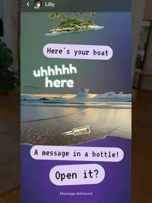 The cover image features a composite scene with a sky gradient from green to purple, a small island, text overlay, a beach with a bottle, and an interactive 'Open it?' prompt.