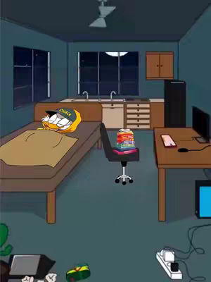An animated room scene. A bed with a character resembling Donald Duck wearing a hat is in the middle on the left side. An office chair with books over it placed the the middle. A desk with a monitor, phone and cable are placed on the right side. The room is dim with blue tones highlighting a night scene, with a window revealing a big moon in the background.
