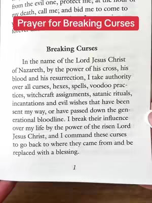 The image shows an open book with text about breaking curses, overlaid with a red banner that reads "Prayer for Breaking Curses."