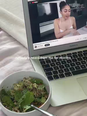 The cover image shows a laptop open in bed, with a Youtube video playing. A bowl of salad sits in front of the laptop. The text overlay reads “nobody’s heard from me for months”.