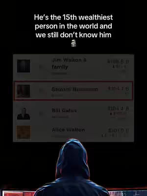 A person in a dark hoodie looks down towards a screen displaying a list of names and net worths. Above the screen is a text overlay.