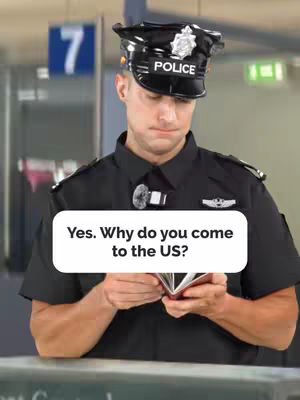 A man in a police uniform at a passport control, holding a passport. A text bubble asks a question.