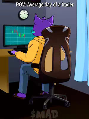 An illustrated image depicts a cartoon character with purple fur and a humanoid shape, wearing a yellow hoodie and blue jeans, seated in front of a computer. The character appears to be a trader, as suggested by the chart on the monitor. The background includes a clock on the wall and a window with curtains. The composition uses a perspective view, focusing on the character's back. There is a logo at the bottom.