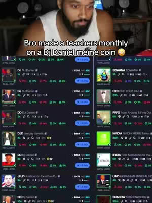 The cover image features a man in a white tank top filming. The background shows a crypto trading screen with various coin listings. The overlay text reads: "Bro made a teachers monthly on a Dj Daniel meme coin".