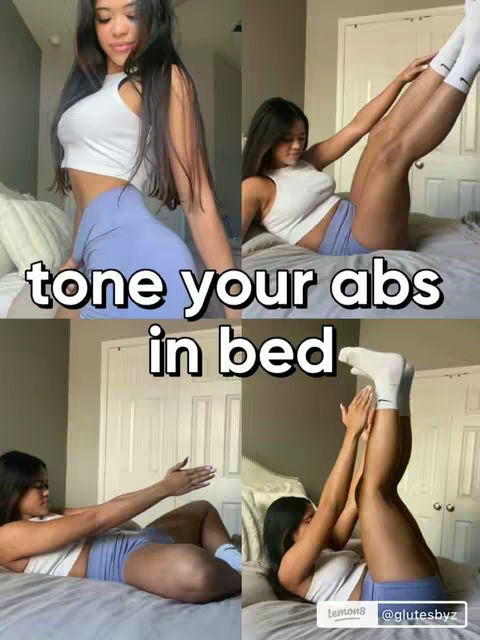 A multi-panel image showcasing a woman doing ab exercises in bed. She is wearing a white crop top and blue shorts, and a text overlay reads "tone your abs in bed."