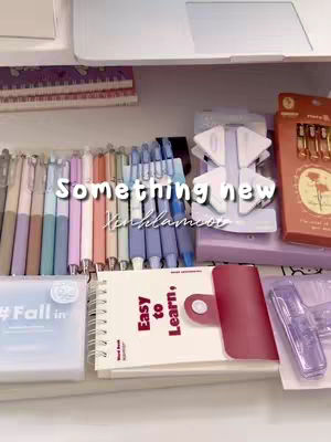 A top-down shot featuring a variety of colorful pens, notebooks, and desk accessories neatly arranged on a shelf. In the center of the frame, white text overlays the image, reading "Something new." The scene has a clean, organized aesthetic with a focus on stationary and study supplies.