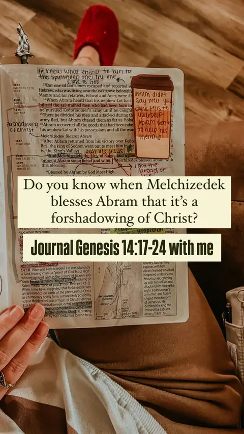 An open bible is seen on a lap with various handwritten notes and annotations. Overlaid are text boxes with questions and phrases relating to a bible study. In the bottom right of the cover, a woman's hand is holding a bible, partially visible with a red shoe. The overall composition creates a sense of personal reflection.