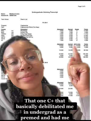 A woman with glasses smiles, facing the camera with an academic transcript in the background. Her index finger is pointed towards a "C+" grade on the transcript.