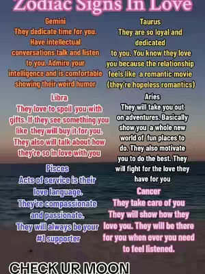 The image is a colorful infographic. The background consists of a gradient of colors like purple, blue, and orange, representing either a sunset/sunrise or perhaps a cosmic setting. Text is prominently displayed, structured into two vertical columns and separated by a thin, color-matched line. Each column has sections for different zodiac signs, such as Gemini, Taurus, Libra, Aries, Pisces, and Cancer. The text content defines qualities related to these signs. There are colored text blocks. The font is a simple, clear sans-serif. At the bottom is the text "CHECK UR MOON".