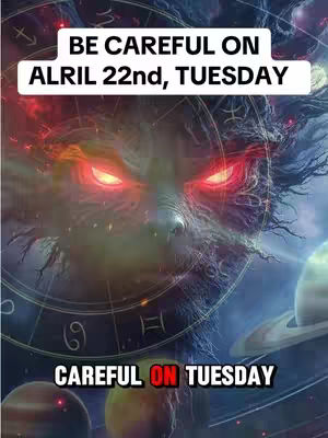 A digital artwork featuring a creature with glowing red eyes, overlaid with text. The creature's face dominates the image, with detailed textures and a stern expression. Above, text in a white box reads "BE CAREFUL ON APRIL 22nd, TUESDAY". Below the creature, the words "CAREFUL ON TUESDAY" are visible in a stylized font. The background is a mix of cosmic elements, including a zodiac circle and planets, suggesting astrological themes.