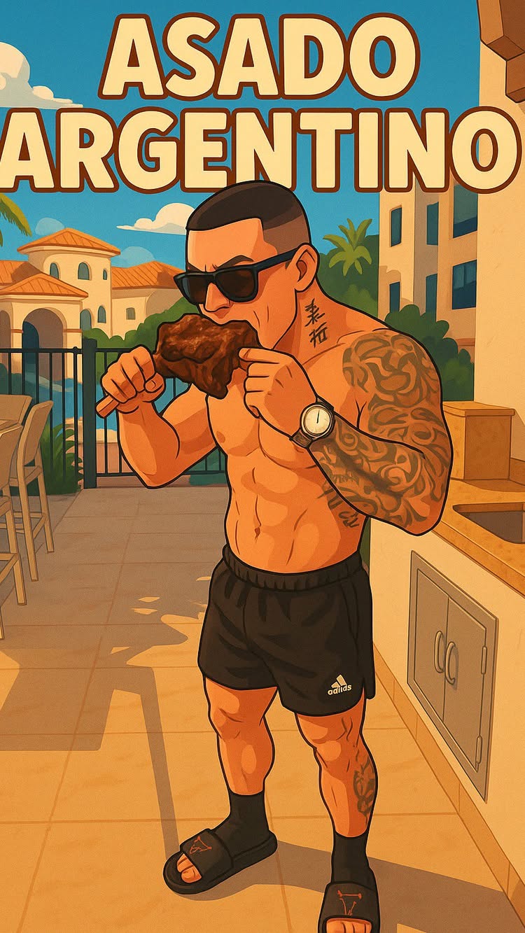 An illustrated image of a man eating meat at an outdoor cooking space. The man is shirtless, wearing sunglasses, black shorts, and sandals. He has tattoos and is holding a piece of cooked meat near his face. Behind him is a blurred background of a building and blue sky.