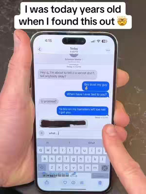 A person's hands holding a phone displaying a text message conversation. The phone screen shows a messaging app interface with various text bubbles and a keyboard. The top of the image has a white text overlay that says 'I was today years old when I found this out.'