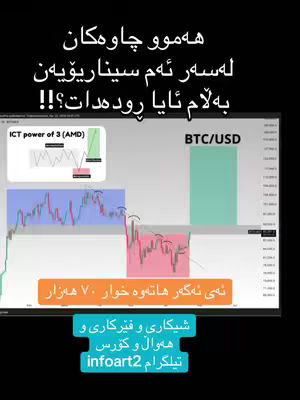 The cover image displays a screenshot of trading charts. The background is black, and the main element is a chart showing fluctuating lines against a grid, labeled 'BTC/USD'. There are also smaller charts with additional analysis and text in Kurdish.