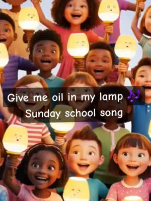 A group of cartoon children holding cartoon lamps and singing. An overlay of text appears in the middle of the picture.