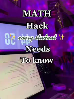 The image shows a dimly lit setting with a laptop and tablet, both displaying content related to math. Overlayed text in bold white font reads, 'MATH Hack every student Needs To know', and appears to be the video's primary focus. The scene is bathed in purple light, suggesting indoor ambiance, with digital sparkles enhancing the text and a blurred background implying additional objects.