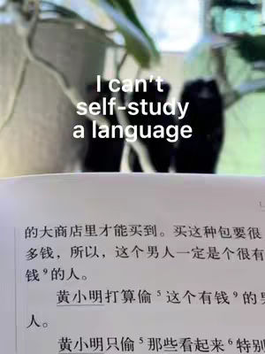 The image displays a partially unfocused background with some green plants and what looks like a shadow or silhouette of maybe some people. On top of that, there is white text overlayed with the quote "I can't self-study a language." The bottom section of the image is showing a text from a book written in Chinese.