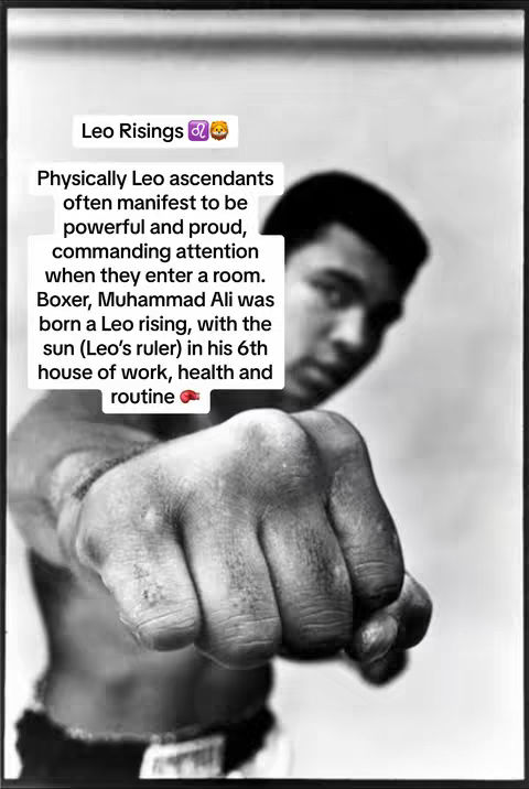 A black and white photo features a close up of a clenched fist, likely that of Muhammad Ali. To the right of the fist, a blurred image of his face is visible. Overlayed at the top of the image, a block contains text about Leo risings and how they tend to manifest.
