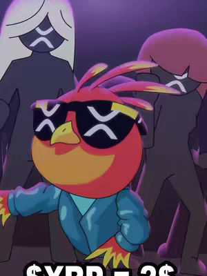 An animated image features a red and yellow bird character wearing sunglasses with the Ripple (XRP) logo, standing in front of a crowd of blurred figures. The background is dark with a purple hue, and text at the bottom says '$XRP = ?$'.