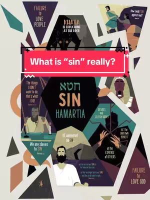 An infographic-style image with a variety of connected elements, including text, illustrations, and shapes. The central element is a red banner with the text "What is "sin" really?". Below that is a large block with the words "SIN" and "HAMARTIA" in English and Hebrew lettering. Various graphics and text boxes radiate from the central block showcasing additional concepts such as "failure to love people" and "desires and selfish motives", along with illustrated figures and some biblical quotes.