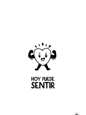A minimalist cartoon illustration featuring a smiling heart figure with arms flexed upwards, set against a stark white background. The heart has a happy face with the caption "HOY PUEDE SENTIR" beneath it.