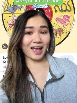 A woman appears in front of a circular graphic symbolizing the Chinese zodiac calendar. The woman has long, light brown hair, and she is smiling with her mouth open in a talking pose. Behind her is a colorful wheel illustrating the Chinese zodiac signs, with each sign represented around the wheel. The background has a somewhat blurry look with a gray top. In the corner are the words 'Are you luck or not?' also the word March