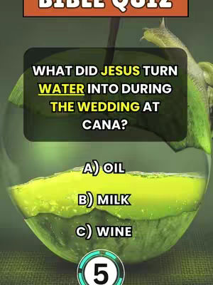 The image is a quiz-style graphic with a question about a Bible event. The background is a soft gradient of greens and yellows, resembling a pear or avocado, with a clear glass-like overlay. In the foreground, a dark, semi-transparent box contains the trivia question and answer choices in white font, with the text WATER highlighted with a yellow underline. At the bottom, a numbered button (5) in a lighter green is visible.