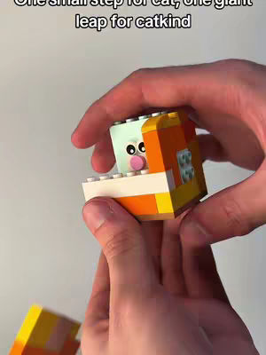 A pair of hands holding a Lego creation depicting a cat astronaut. The cat is in a box with a circular window. The background is a gradient white.