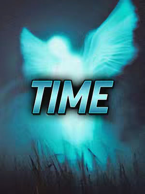 The cover image features a stylized illustration. A luminous, ethereal figure with outstretched wings is positioned centrally, emanating a soft blue glow against a dark, blurred background. The word "TIME" is overlaid in a bold, metallic font, adding emphasis