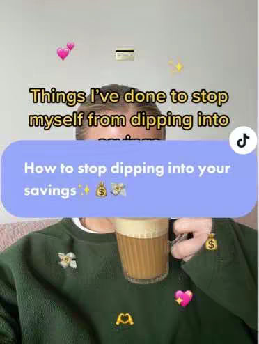 A person is holding a mug with coffee in front of their face. There are multiple text overlays and animated elements like hearts and dollar signs around the person. The background is a blurred white wall.