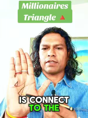 A man holding out his open palm, showing a triangle drawing. Text overlays read 'Millionaires Triangle' and 'IS CONNECT TO THE'. The man has dark hair and is wearing a blue shirt. The background is simple and white, with some blurred shapes in the distance.
