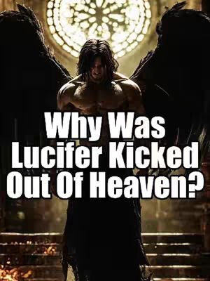 A composite image featuring a muscular, shirtless man with large black wings, possibly representing Lucifer. The background includes what seems to be a church window behind him and the hook "Why Was Lucifer Kicked Out Of Heaven?" is positioned in the center, written in white bold font.