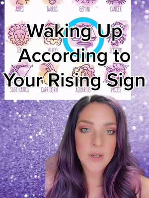 The cover image features a woman in the foreground with purple hair and makeup, looking towards the camera. Behind her is a purple background with sparkling effects and a graphic in the upper portion. The graphic includes a zodiac wheel, adorned with astrological symbols and the overlaid text 'Waking Up According to Your Rising Sign.' The text is centered and the overall composition blends a personal portrait with astrological content.