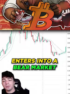 The cover image features a man in front of a Bitcoin price chart and a cartoon image of a bear. The background contains a price chart that is going down. The text 'ENTERS INTO A BEAR MARKET' is highlighted in the middle of the image.
