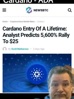 A split-screen image. The top half displays a webpage from Newscrypto with the headline 'Cardano Entry Of A Lifetime: Analyst Predicts 5,600% Rally To $25'. The bottom half shows a man's face.