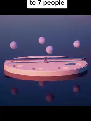 A 3D rendered image shows a circular platform with a light pink upper surface and a white-lined lower edge. The platform has several cut-out holes along its edge and a central perpendicular bar. Five spherical objects appear to be floating above the platform. The background transitions from a dark blue at the bottom to a lighter blue at the top, creating a sense of depth and dimension.