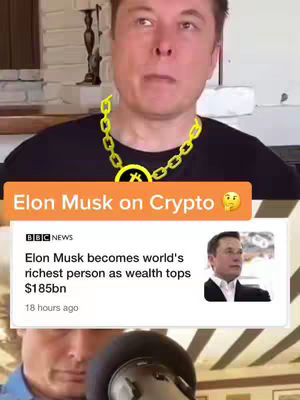 The cover image has a split layout. The top half features Elon Musk in a selfie-style shot with a yellow chain necklace. An orange text box overlay reads 'Elon Musk on Crypto' with a thinking face emoji. Below this is a cropped news headline with a BBC News logo. The headline reads, 'Elon Musk becomes world's richest person as wealth tops $185bn'.
