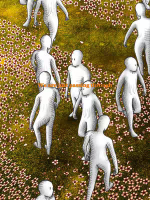 The cover image depicts a surreal scene with multiple white, humanoid figures walking through a field of green with small, pink flowers. Above the figures, the text overlay reads, "We are just passing through."
